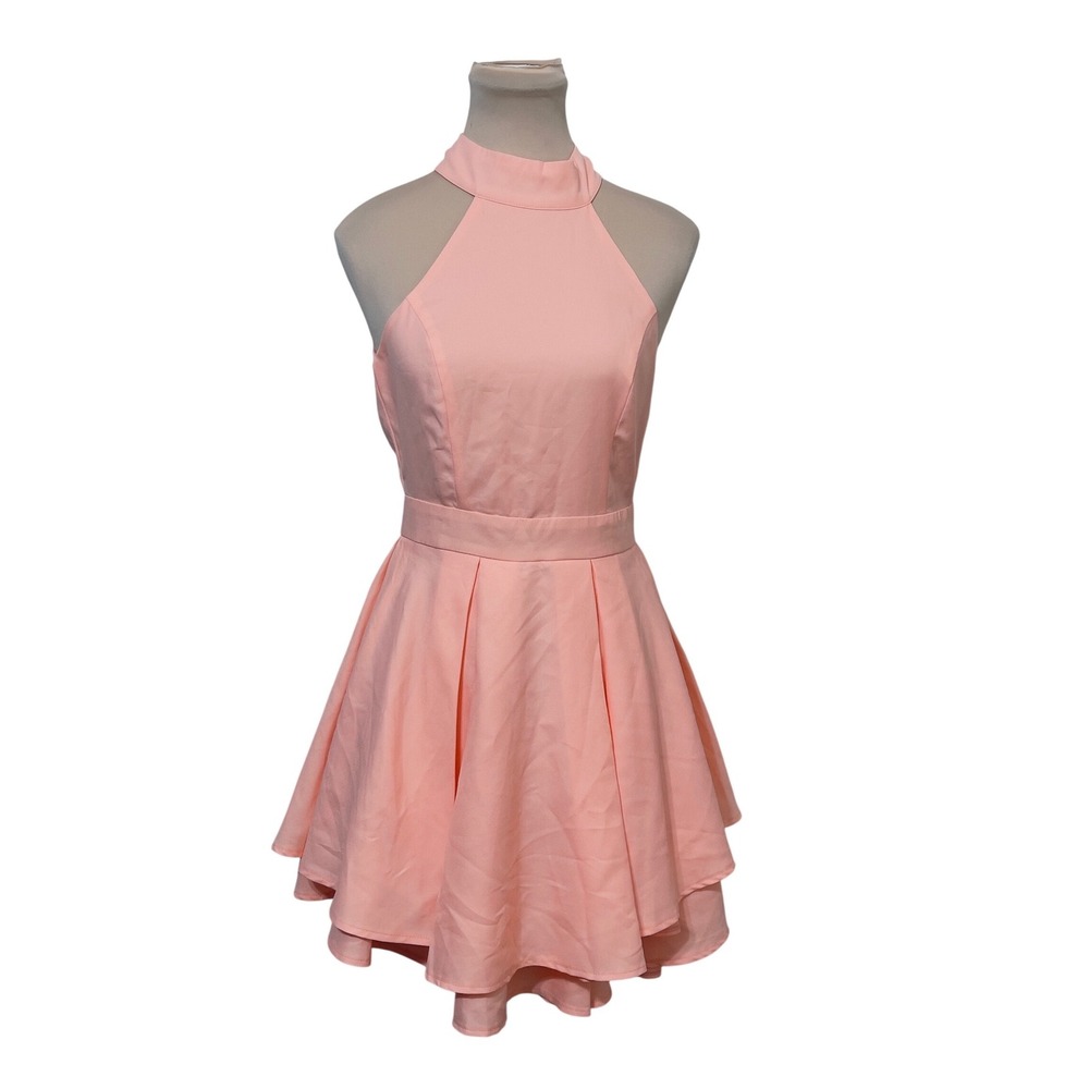 Lulus Women Peach Halter Open Back Pleated Skater Mini Dress Size S‎ Cocktail